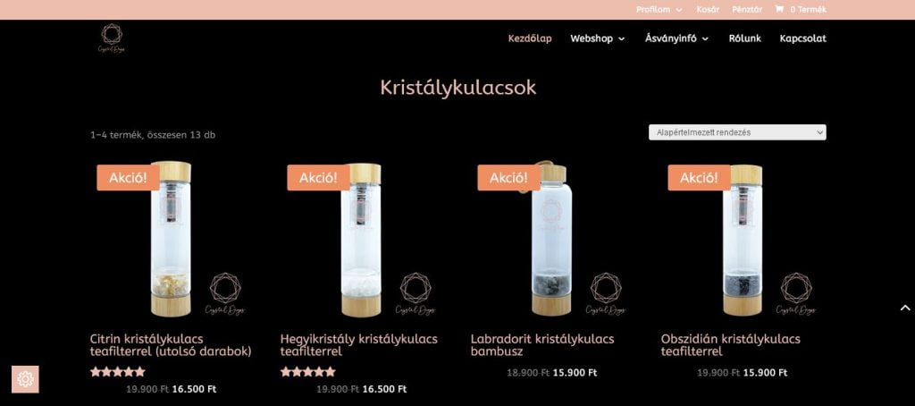 Screenshot of the Crystal Drops webshop homepage